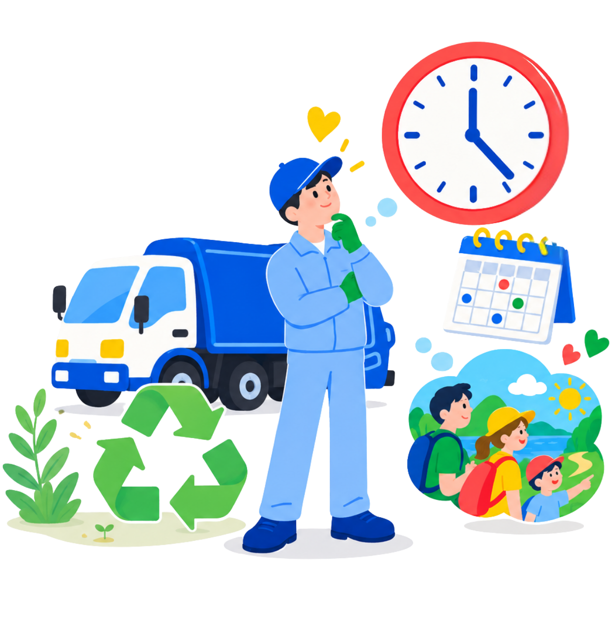 17時を示す時計と収集スタッフ、収集車、家族の食卓を描いたイラスト